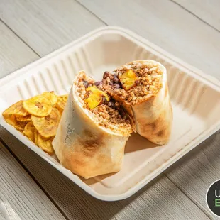 a burrito and chips in a styrofoam container