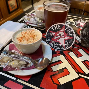 Pike kilt lifter pint and 2 cups of Dungeness Crab Chowder