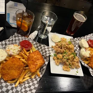 Fish &amp; chips (cod on the left, rockfish on the right) and calamari