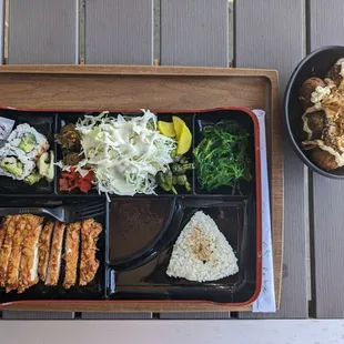 Bento Box with pork katsu and takoyaki