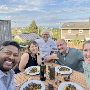 Our group with Jennifer and our entrees. Such a great view from Jennifer&apos;s lovely back deck.