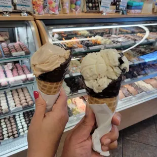 $4 single scoop, $2 chocolate waffle cone. Cinnamon left, Mint Choc Chip right (11/11/23)