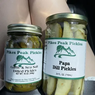 Garlic &amp; sea salt dilled pickles (spicy) and Papa dill pickles (a little spicy)