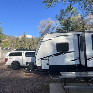 Our trailer at our site with a view of pikes Peak