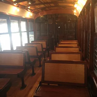Inside an older street car that is being restored