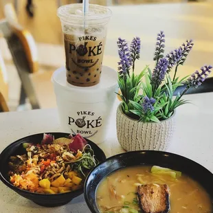 1/2 poke 1/2 ramen with coffee boba yummmmmy