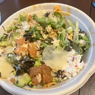 This was my poke bowl with Salmon, spicy tuna and spicy salmon. I have never had brown spicy tuna before.