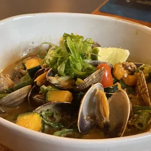 Manila Clam Pinakbet shishito, long bean, kabocha, okra, lime, tamarind butter