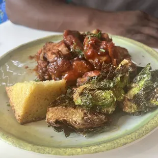 Chicken wings with corn bread and Brussel sprouts