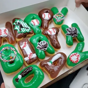 a box of decorated doughnuts
