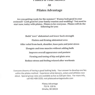 Please call 402-408-3320 for more information on $20 Pilates classes.