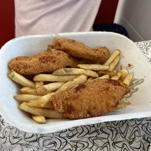 Chicken strips and chips. Really greasy and good