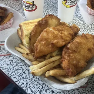 Fish and chips, with a side of onion rings!