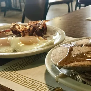 Buckwheat pancakes. Basted eggs and bacon!