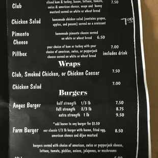 Cold Sandwiches and Burgers as of 9-12-18