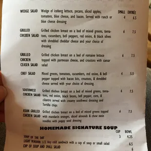 a menu for soup, salad, and more