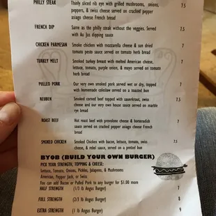 a menu for a sandwich
