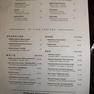 Drinks menu