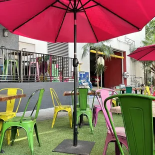 colorful chairs and umbrellas