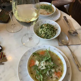 White bean and prosciutto soup, tabbouleh, French white wine