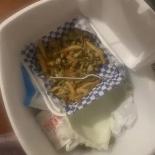 In the chicken Shawarma fries in the trash