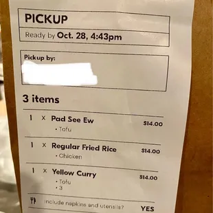 Order summary that shows I ordered pad see ew