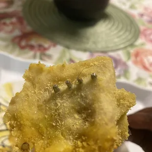 a hand holding a piece of fried food