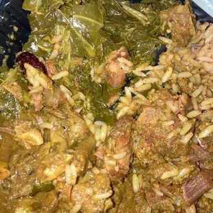 Curry Goat , rice and peas and greens