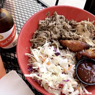 One Love Special - pork, chicken, and slaw atop red beans and rice