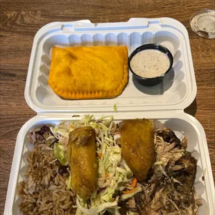 Jerk chicken, beef pattie and Jerk Ranch Sauce