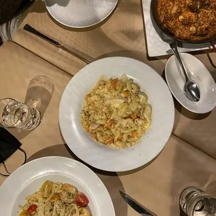 Lobster mac and cheese, linguini, paella