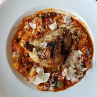 Orechiette with chicken, seasonal vegetables, fire roasted tomato sauce, &amp; shaved parmesan. The chicken was cooked well &amp; sauce was spicy.