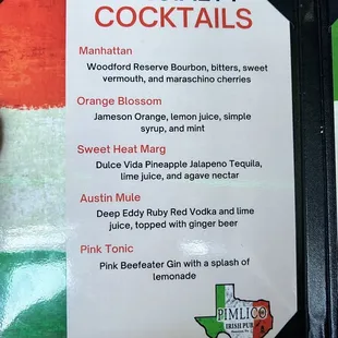 Specialty cocktail menu