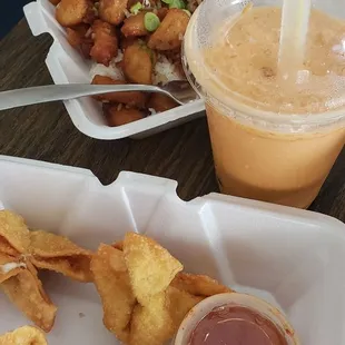 Thai tea and crispy chicken with crab rangoons.
