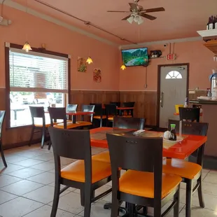 tables and chairs in a restaurant