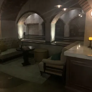 Sitting areas next to bowling lanes