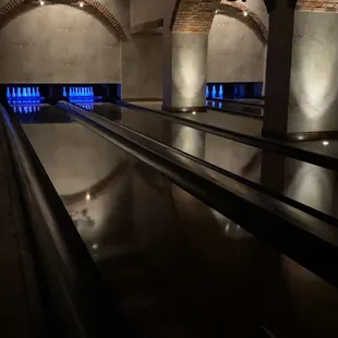 a bowling alley at night