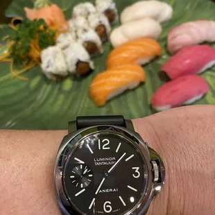 Sushi and a wrist shot (I have a YouTube channel: Pocket Watch Time)