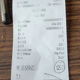 a receipt for a restaurant