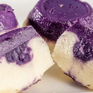 A bestseller! Hybrid dessert of puto (rice cake) and ube flan with ube jam filling.