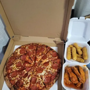 1 topping pepperoni pizza, mozzarella sticks, and wings.