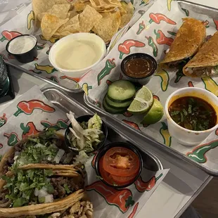 Chicken tacos Quesabirria Taco Chips &amp; Queso