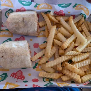 Chicken burrito and fries