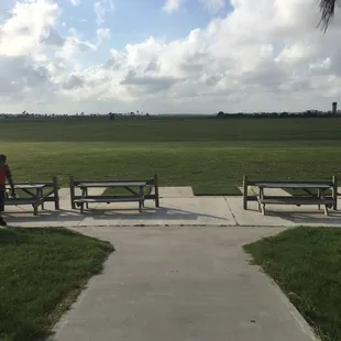 Driving range with seating.