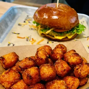 Pincho Burger and sweet potato tots