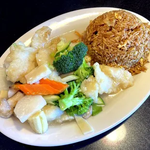 Sea Bass with Seasoned Veggies Lunch - Soup and Egg Roll Included but Not Shown - Mmm!