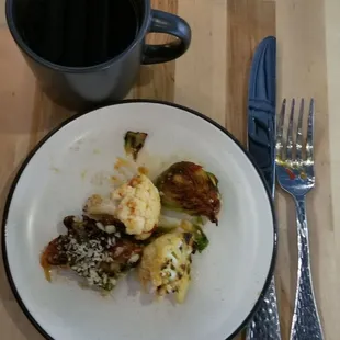 Roasted Brussels Sprouts, Cauliflower &amp; Mac Nuts with Sriracha Honey Sauce.  YUM!