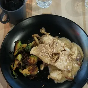 Chicken Marsala with red skinned baby potatoes &amp; mushrooms and more roasted Brussels Sprouts.  Delish!