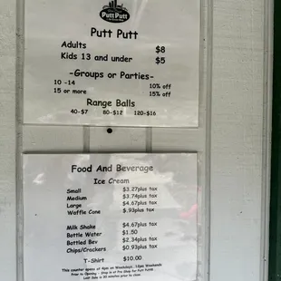 Prices for putt putt, driving range, food, and beverages
