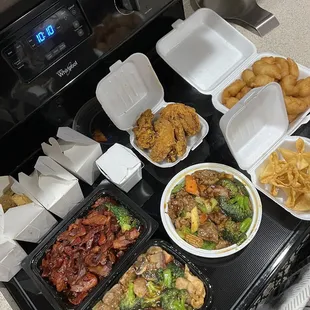 21. Boneless Ribs Special Combo Happy Family Szechuan Spicy Beef Sweet and Sour Chicken Krab Cheese Rangoon Chicken Wing